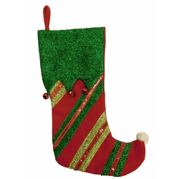 Embellished Red & Green Glitter Felt Elf Style Christmas Holiday Stocking