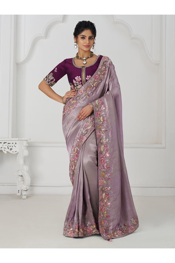 Embellished Sequins And Embroidery Work Contrast Border Pure Dola Viscose Silk Saree – Thistle