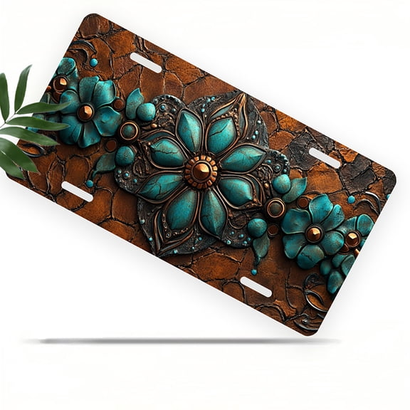 Embellished Turquoise Flower Front License Plate, Metal License Plate, Funny Standard Plates Personalized Novelty Decorative For Men/Women/Boys/Girls Car 6×12 Inch