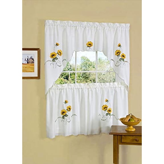 Embellished Window Sunflower Kitchen Curtain Set, Small Panels Valance/Swag