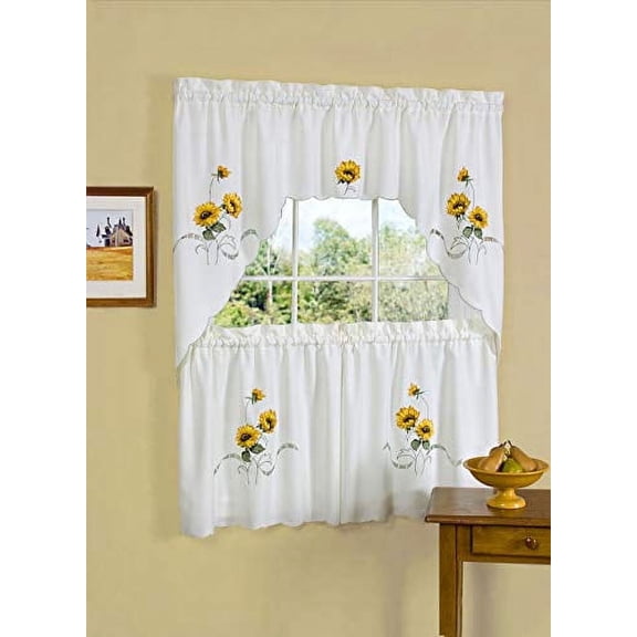 Embellished Window Sunflower Kitchen Curtain Set, Small Panels Valance/Swag