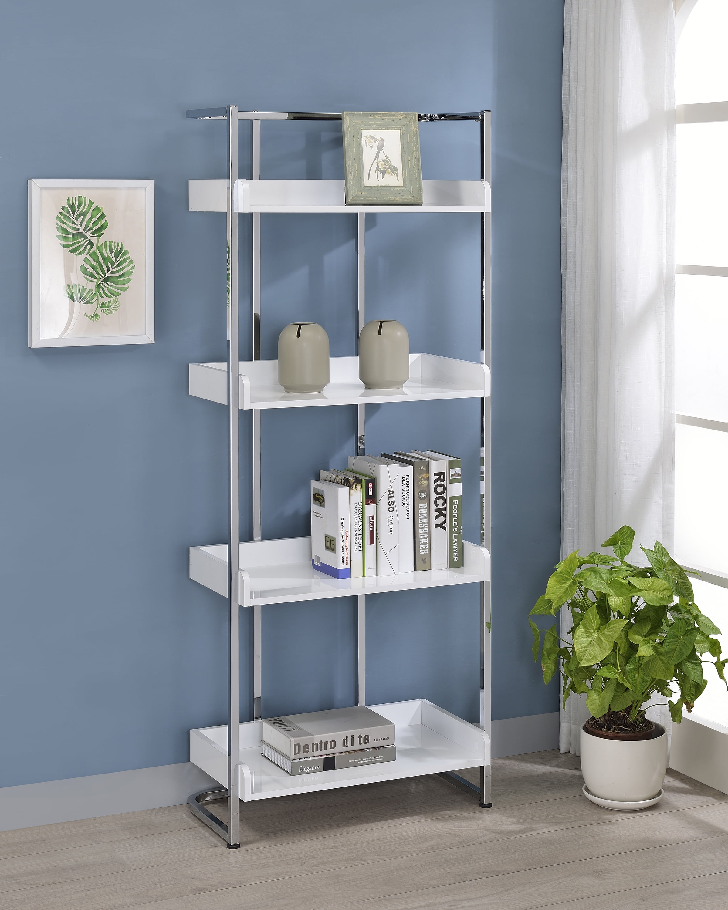 Ember White High Gloss and Chrome 4-Shelf Bookcase