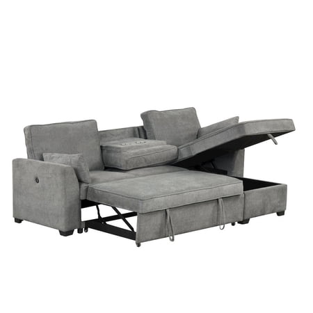 Ember 92"W Gray Fabric Sleeper Sectional Rev Storage Chaise USB Port Cupholder
