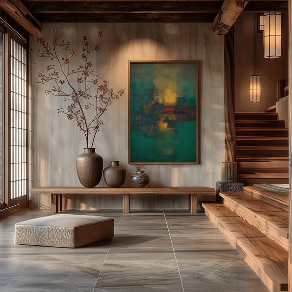 Ember And Tide Japandi Abstract In Teal And Gold Wabi Sabi Minimal Wall Art