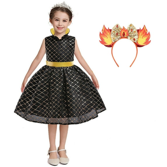 Ember Girls Costume w/Headband Dress Halloween Fire Element Cosplay Dress Up, Size 3-9T