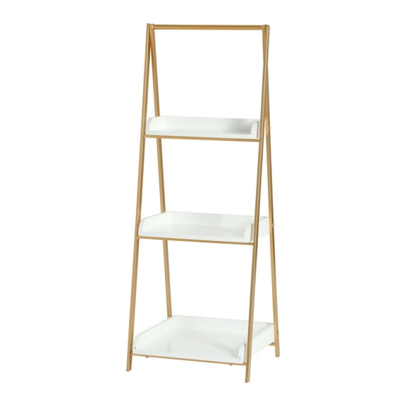Ember Interiors 3 Tier Iron and Wood A Frame Shelf in White and Gold Finish