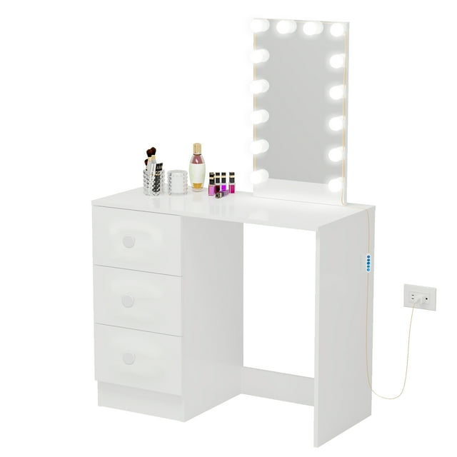 Ember Interiors Ava Modern Vanity Table, White Painted, Lights, for