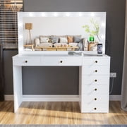 Ember Interiors Big Makeup Vanity Table with Mirror, Built-in Lights, 8 Drawers, Golden Knobs, White