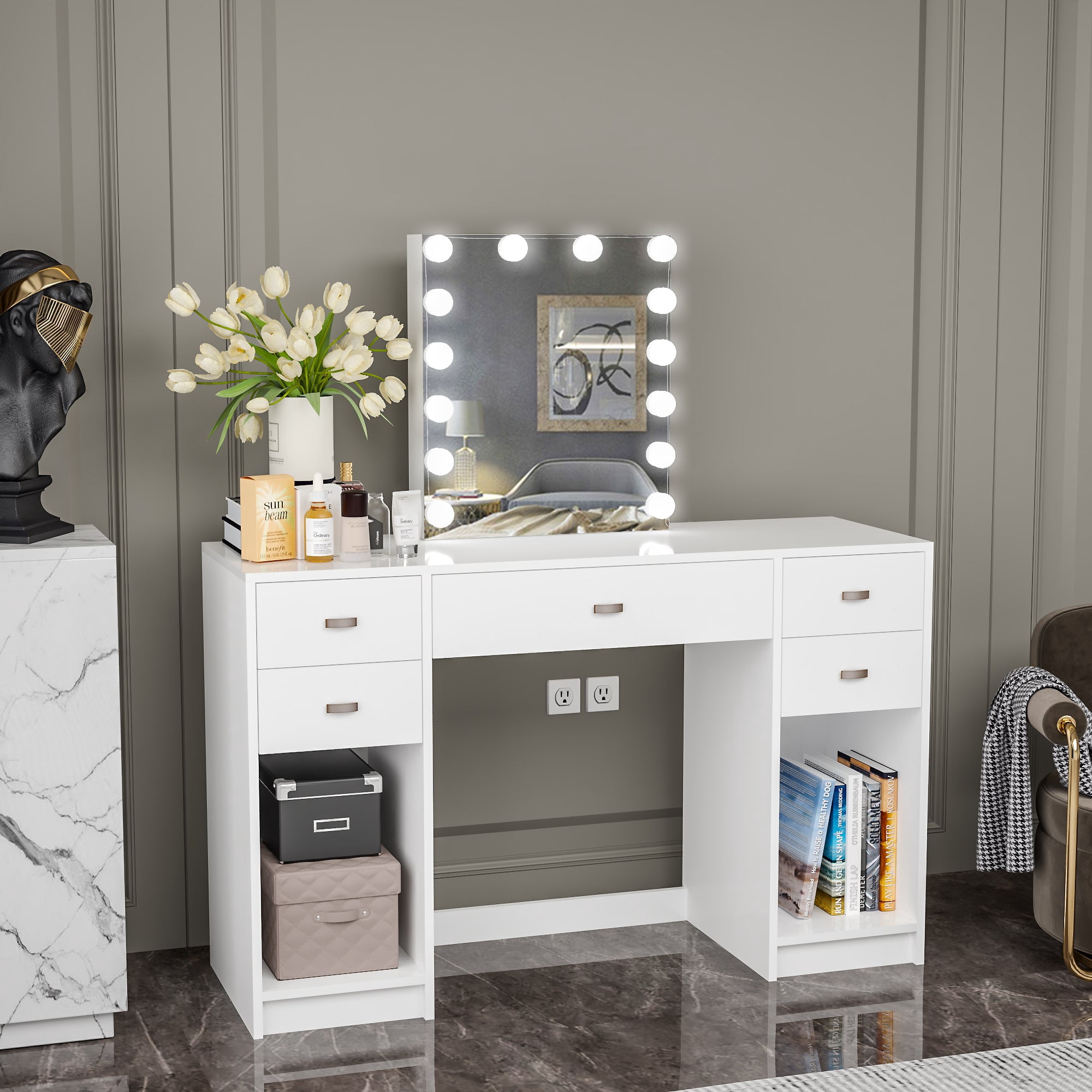 Ember Interiors Candace Modern White Painted Vanity Table, Lights, for ...
