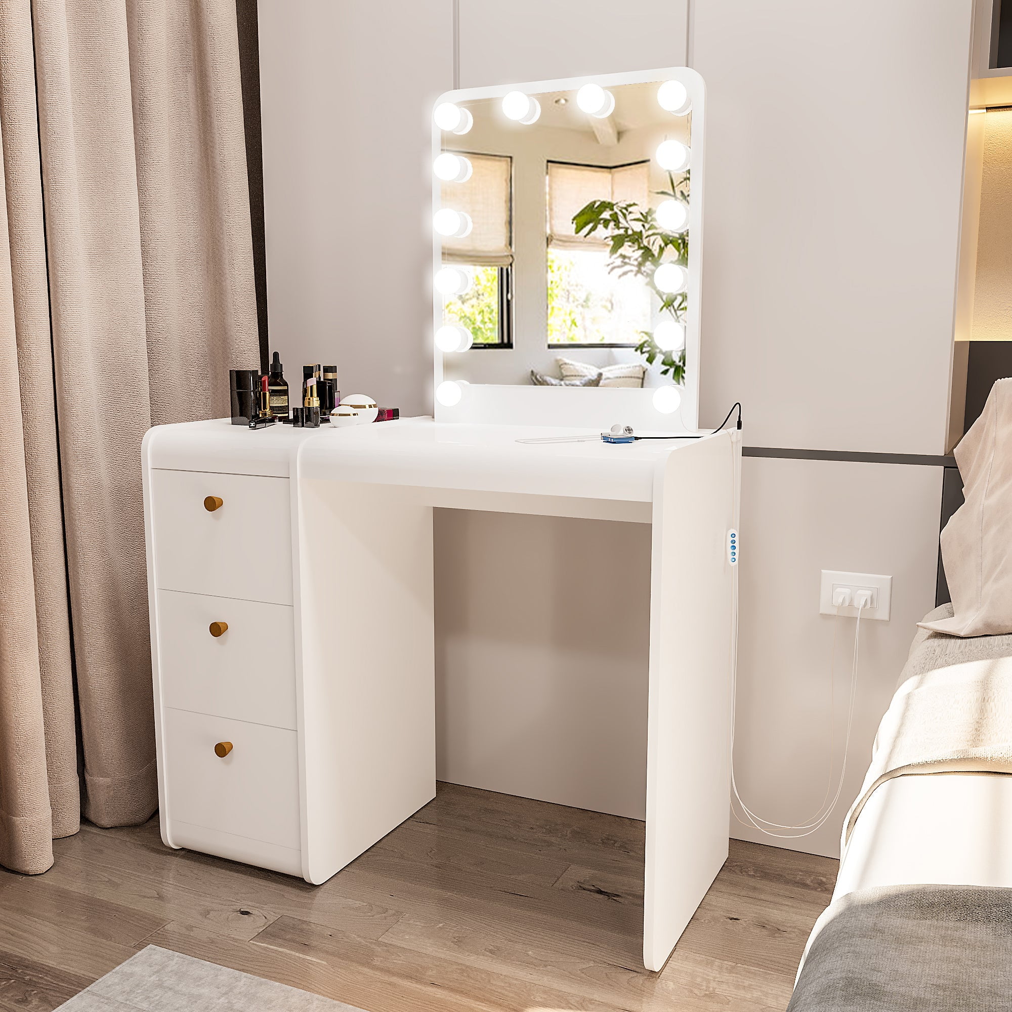 Ember Interiors Carissa White Modern Vanity Table, USB Port, Lights