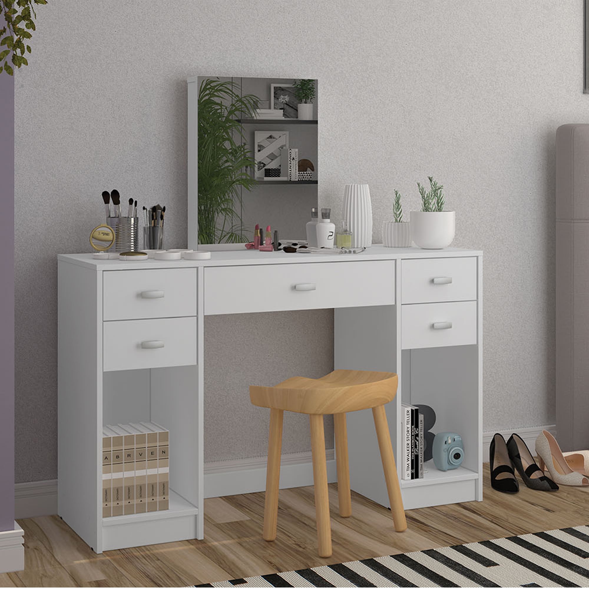 Ember Interiors Carla Modern White Makeup Vanity Desk with 5 Drawers for Bedroom - Walmart.com