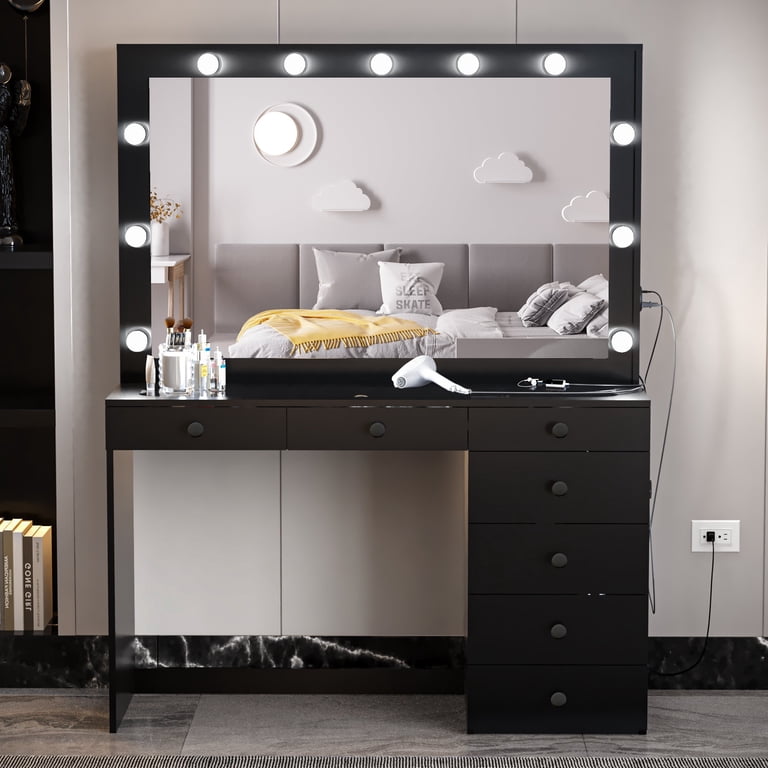 black dressing table with mirror and lights Makeup Vanity Desk with Mirror & Lights, Vanity Table Set with Drawer, Power Outlet, Storage Chair & 3 Shelves Black