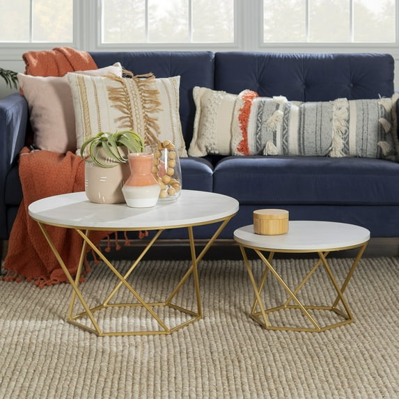 Ember Interiors Eloise Geometric Nesting End Tables, White Faux Marble/Gold