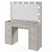 Ember Interiors Get Ready With Me Greige Makeup Vanity Desk with Lighted Mirror, Glass Top & USB/Outlet