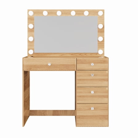 Ember Interiors Ghada Modern Brown Makeup Vanity Desk with Built-in Lights and USB Port for Bedroom
