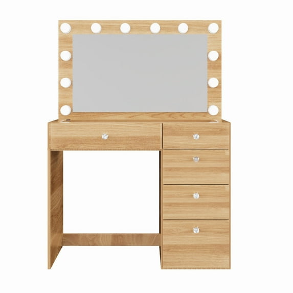Ember Interiors Ghada Modern Brown Makeup Vanity Desk with Built-in Lights and USB Port for Bedroom