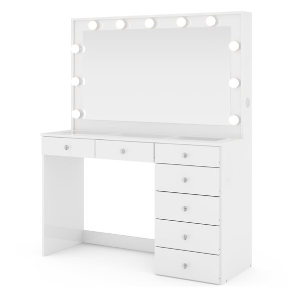 Ember Interiors Ghada White Lighted Makeup Vanity Desk with Charging Station for Bedroom