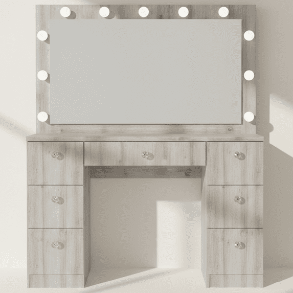 Ember Interiors Ibbie Modern Greige Makeup Vanity with Glass Top and Lighted Mirror