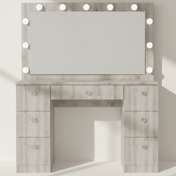 Ember Interiors Ibbie Modern Greige Makeup Vanity with Glass Top and Lighted Mirror