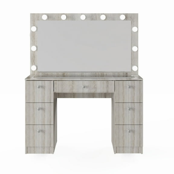 Ember Interiors Ibbie Modern Greige Makeup Vanity with Glass Top and Lighted Mirror