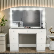 Ember Interiors Ibbie Modern Vanity Table, Lights Built-in, Crystal Ball Knobs, White, for Bedroom