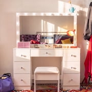 Ember Interiors Ibbie White Makeup Vanity Set with Lighted Mirror, USB Charging Ports, and Stool
