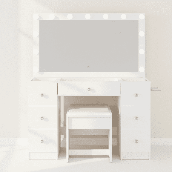 Ember Interiors Ibbie White Makeup Vanity Set with Lighted Mirror, USB Charging Ports, and Stool