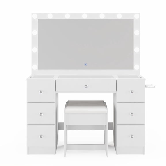 Ember Interiors Ibbie White Makeup Vanity Set with Lighted Mirror, USB Charging Ports, and Stool