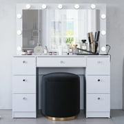 Ember Interiors Ibbie White Makeup Vanity with Glass Top, Lights, Charging Station
