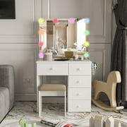 Ember Interiors Kids Vanity Desk with Mirror and Color Lights, Chair, Basic Knobs, White