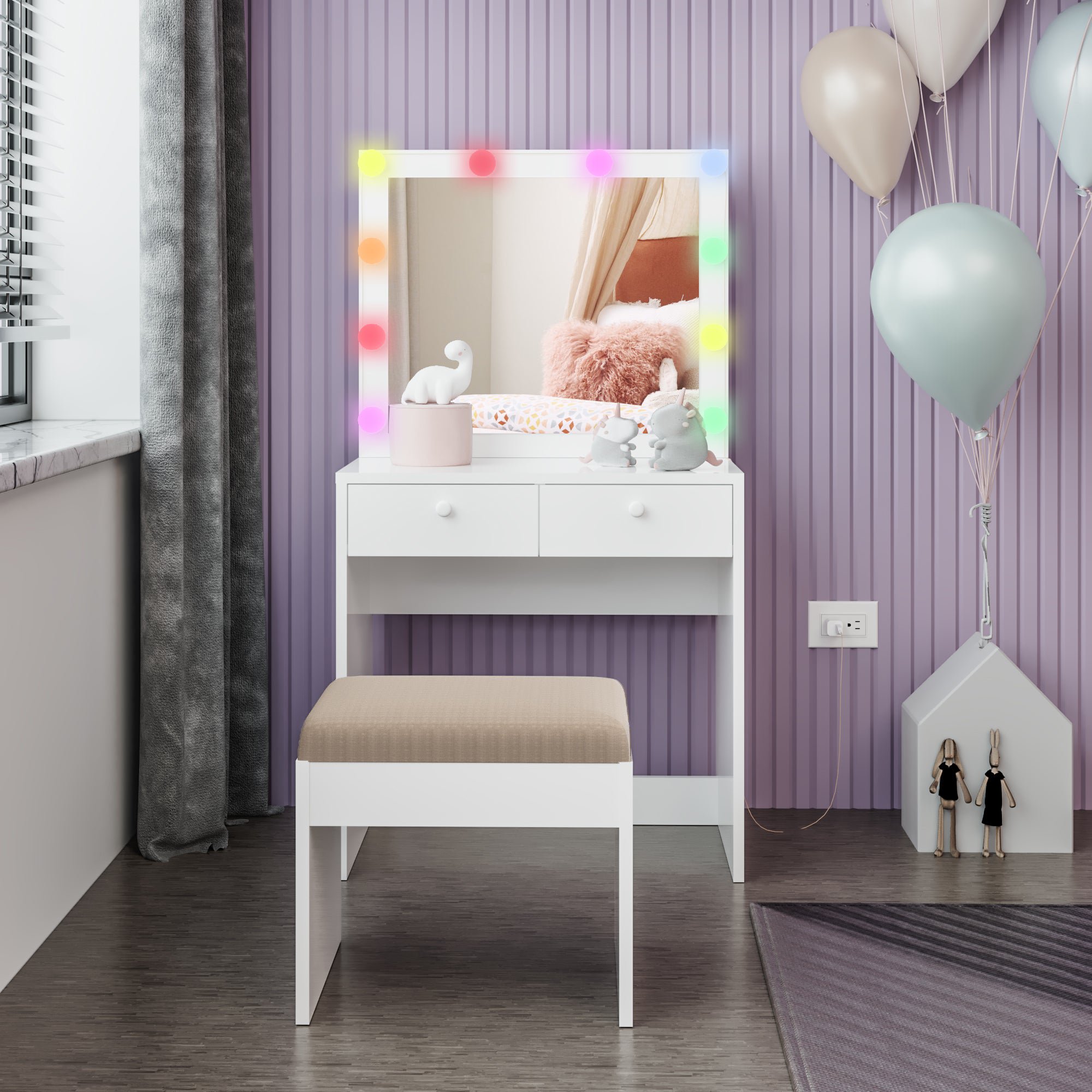 Ember Interiors Kids Vanity Table and Chair Set with 10 Add-on Color Lights, Basic Knobs, White