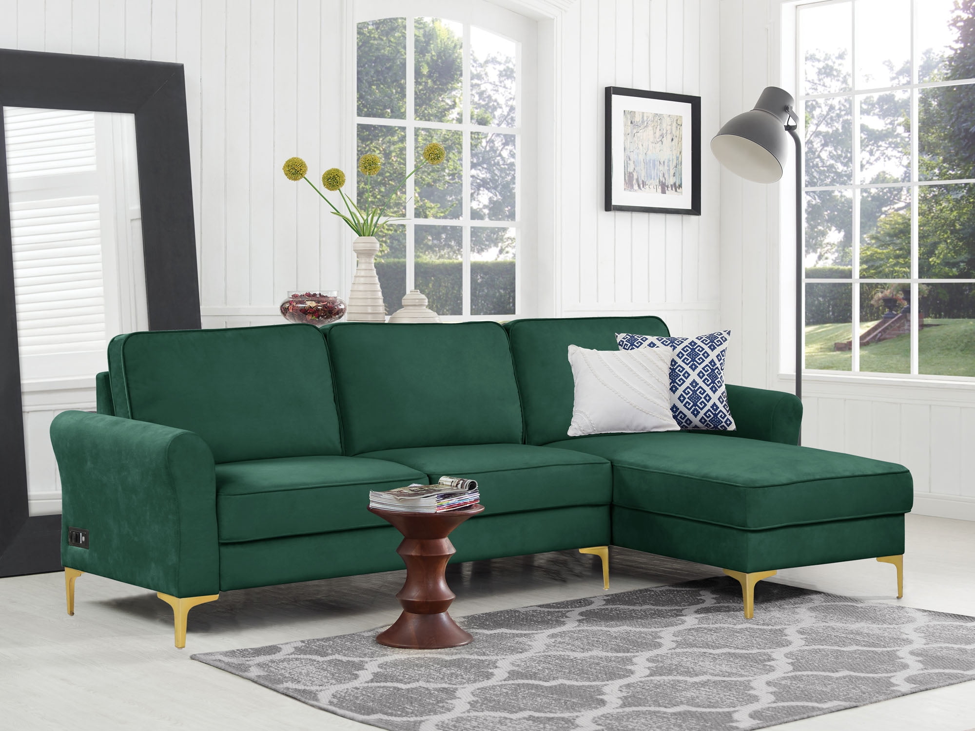 Ember Interiors Lancer Sectional Loveseat and Chaise, Green Velvet