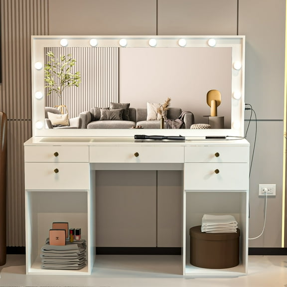 Ember Interiors Large Makeup Vanity for Bedroom with Mirror, Lights, 5 Drawers, Golden Knobs, White