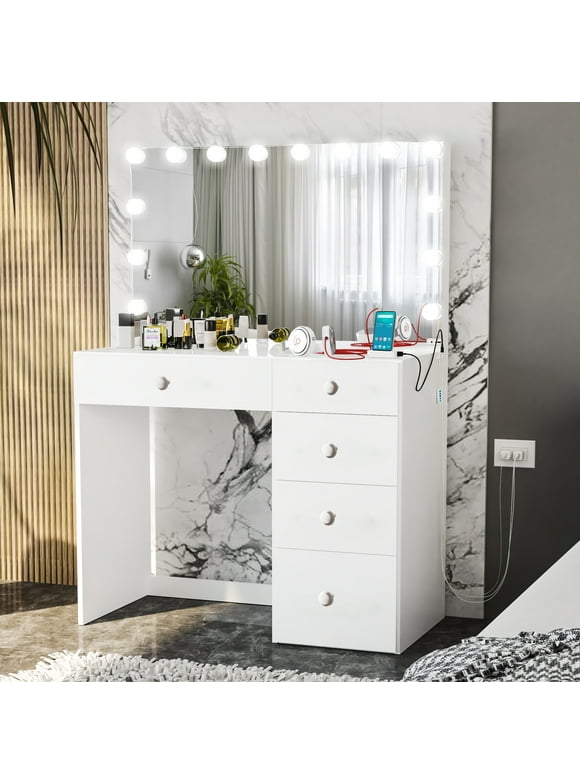 Ember Interiors Leia Modern White Vanity Mirror with Lights Add-on, USB Port, for Bedroom