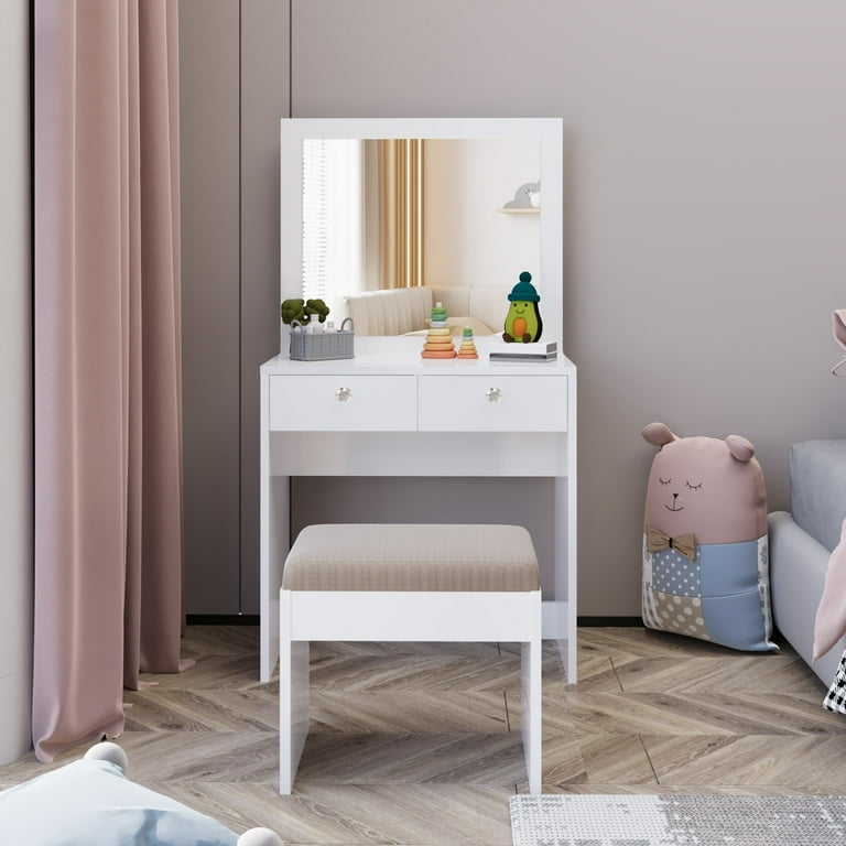 Free Shipping Ember Interiors Little Girl Vanity Set with Chair and Mirror 2 Drawers Crystal Knobs White Walmart