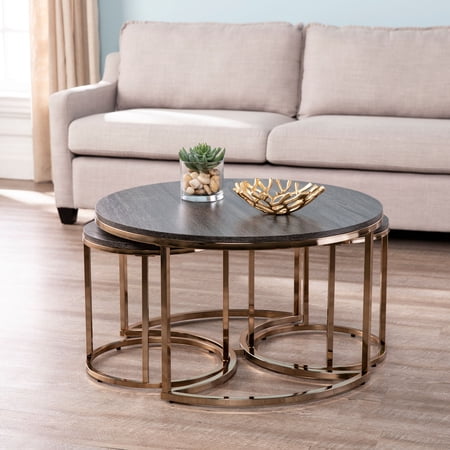 Ember Interiors Lokyle Metal and Wood Round Nesting Coffee Table, 3-Piece Set, Espresso