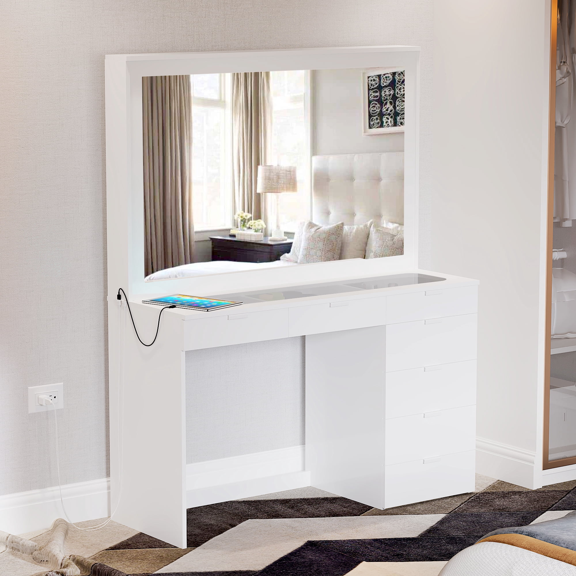 Ember Interiors Maddie Modern Makeup Vanity Desk, Power Outlet, built ...