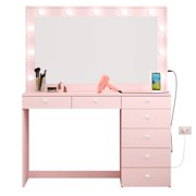 Ember Interiors Makeup Vanity Desk with 11 Built-In Lights, Basic Knobs, 7 Drawers, Pink