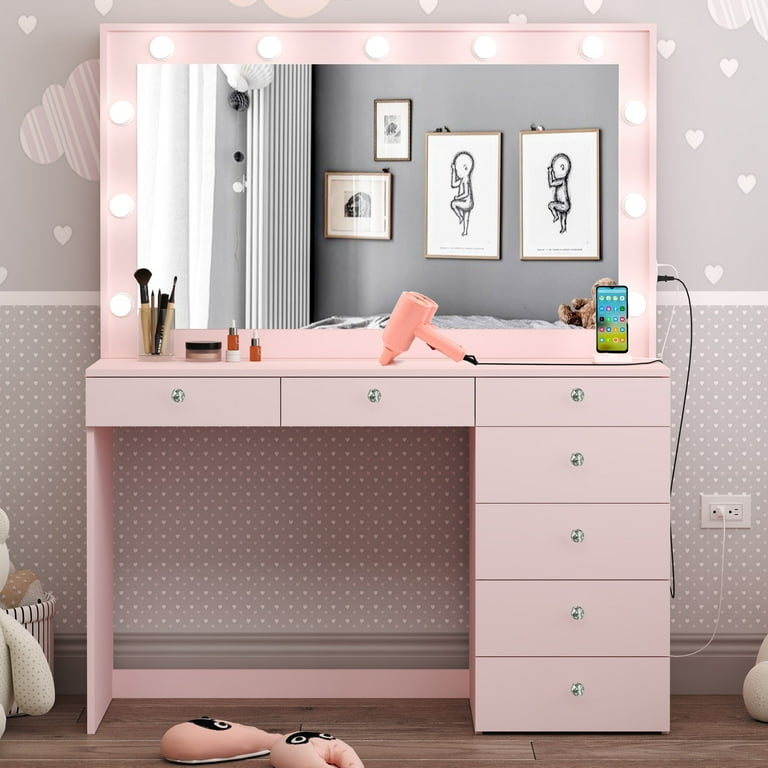Ember Interiors Peggy Modern Large Pink Vanity Desk with Lighted