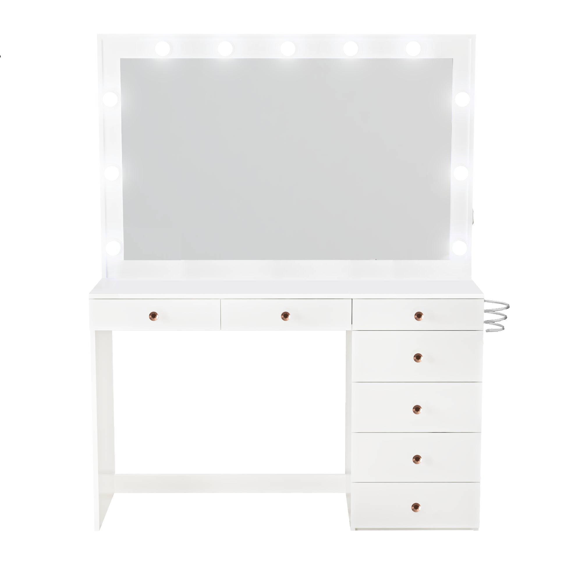 Ember Interiors Makeup Vanity Desk with Built-in Lights, Rose Gold Crystal Knobs, 7 Drawers, White