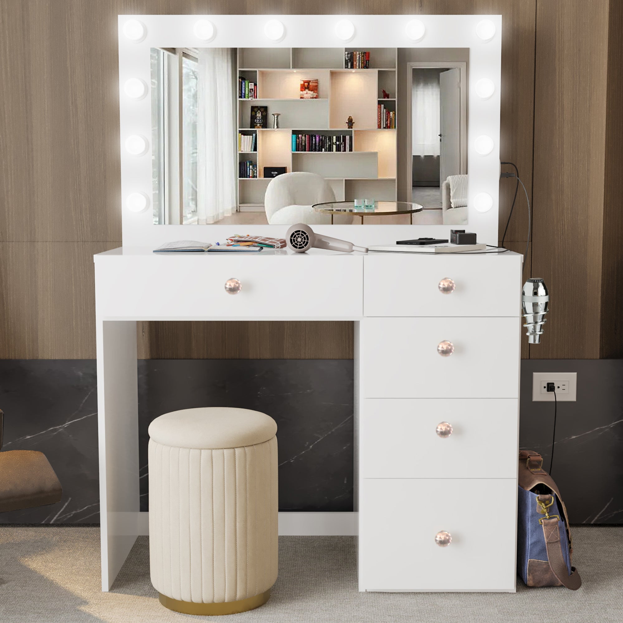 Ember Interiors Makeup Vanity Desk with Mirror,White Stool, 12 Built-in Lights, 5 Drawers, Rose Gold Crystal Ball Knobs, White