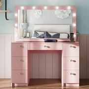 Ember Interiors Elegant Large Pink Makeup Makeup Vanity Desk with Built-in Lights, Power Outlet with USB Type-C, 7 Drawers and Crystal Knobs