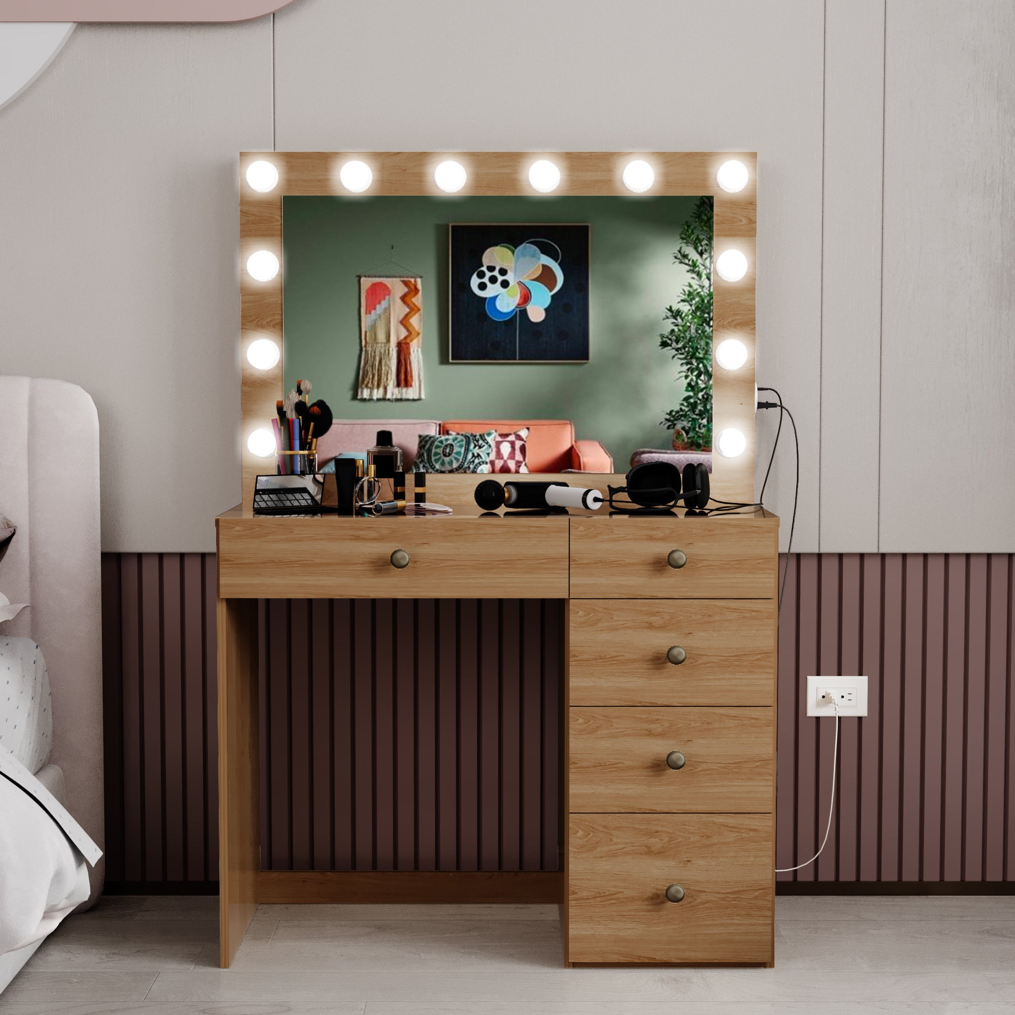 Ember Interiors Makeup Vanity Table with Mirror, 12 Built-in Lights, 5 Drawers, Basic Knobs, Brown
