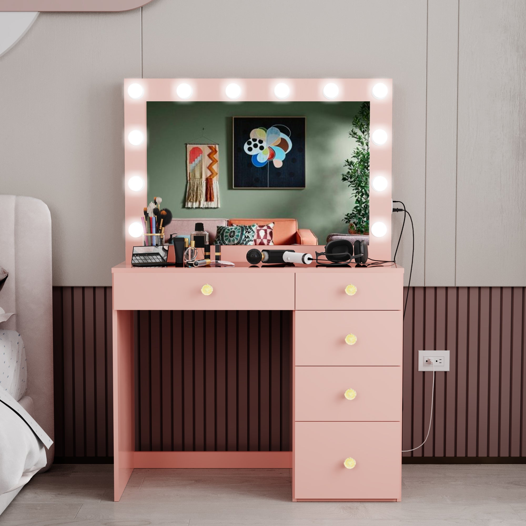 Ember Interiors Makeup Vanity Table with Mirror, 12 Built-in Lights, 5 Drawers, Gold Crystal Ball Knobs, Pink