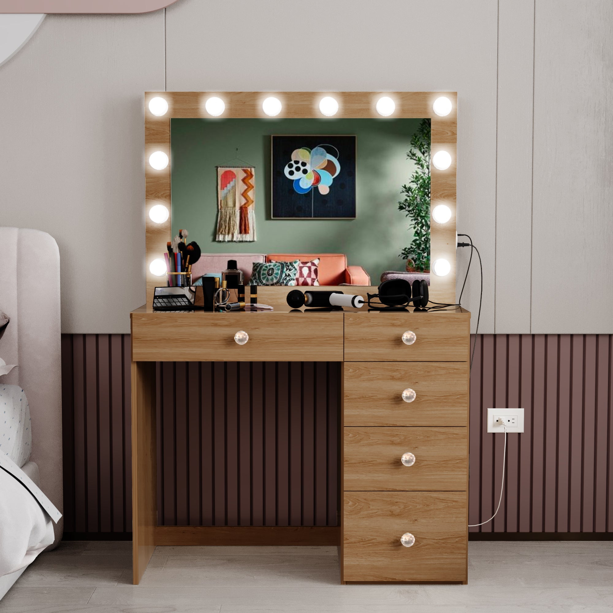 Ember Interiors Makeup Vanity with Mirror, Lights, 5 Drawers, Rose Gold Crystal Ball Knobs, Brown