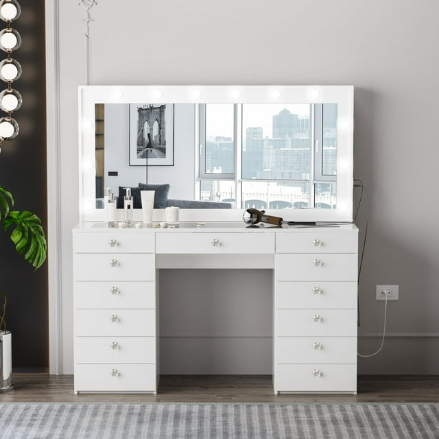 Ember Interiors Makeup Vanity Table with Mirror, Built-in Lights, 13 ...