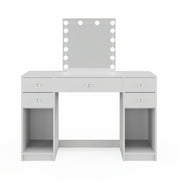Ember Interiors Melody White Makeup Vanity Desk with Lights, Mirror