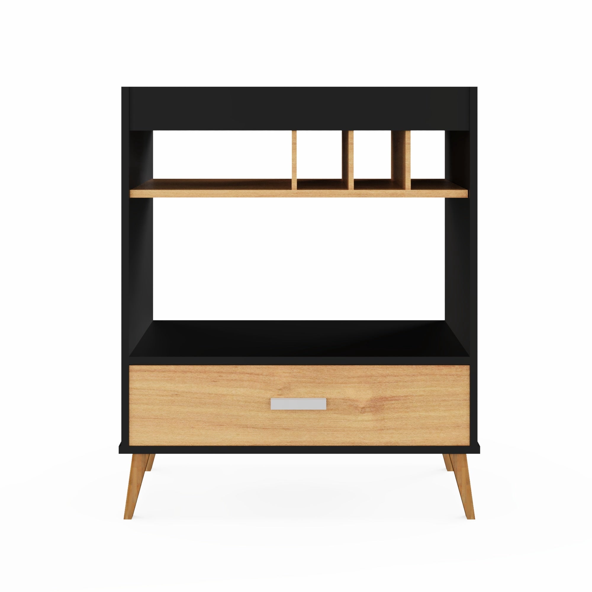 Ember Interiors Modern Bar Cabinet with Wine Rack, Drawer, Open Shelf Storage, Wooden Legs, Warm-Toned Finish,  Black Brown