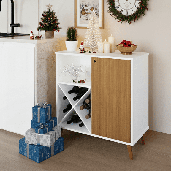 Ember Interiors White Brown Modern Bar Cabinet with Wine Rack, Open Shelf & Storage Cabinet with Doors, Compact Liquor Storage