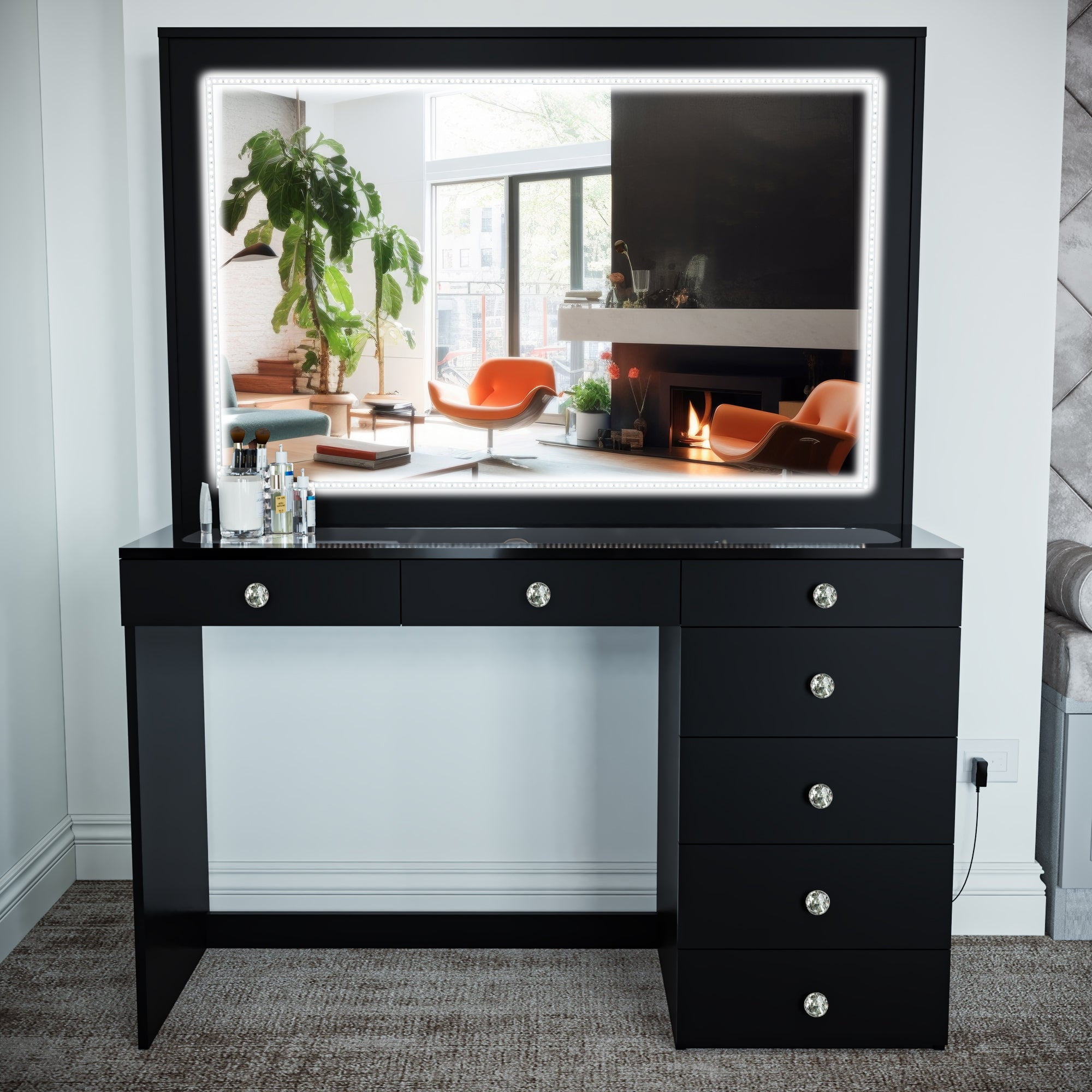 Ember Interiors Modern Black Vanity Desk with Mirror, 7 Drawers, LED Lights, Crystal Knobs
